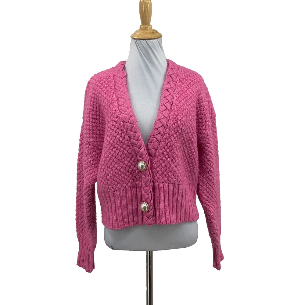 Boston Proper Cardigan Womens M Medium Pink Textured Braid Wool Blend Cropped